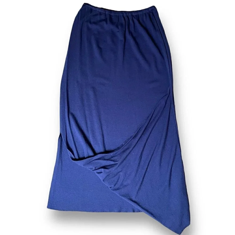 Comme des Garcons Vintage 1980s Womens Skirt Navy Blue Wool Knit Draped Midi